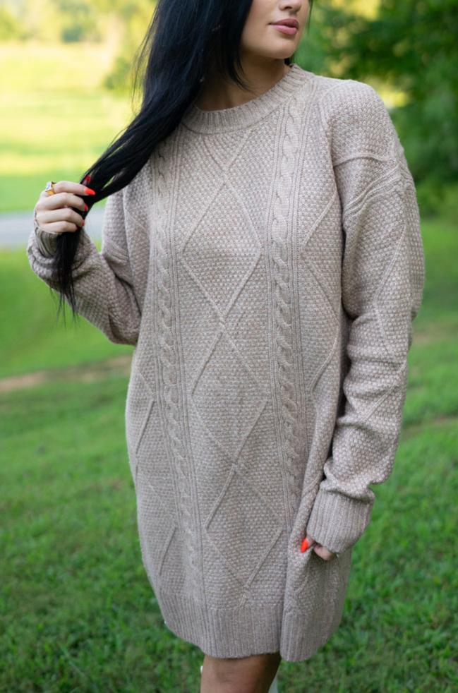 Aura Cable Knit Sweater Dress | Threaded Pear Parchment / XL - 16/18 Aura Cable Knit Sweater Dress | Threaded Pear Parchment / XL - 16/18