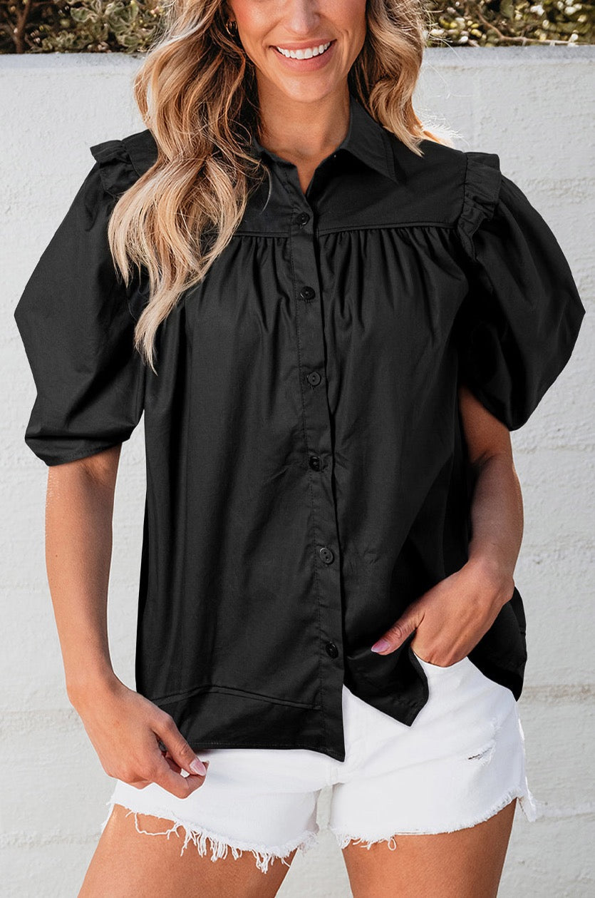 Elegant Buckle Puff Sleeve Loose T-Shirt main image 1