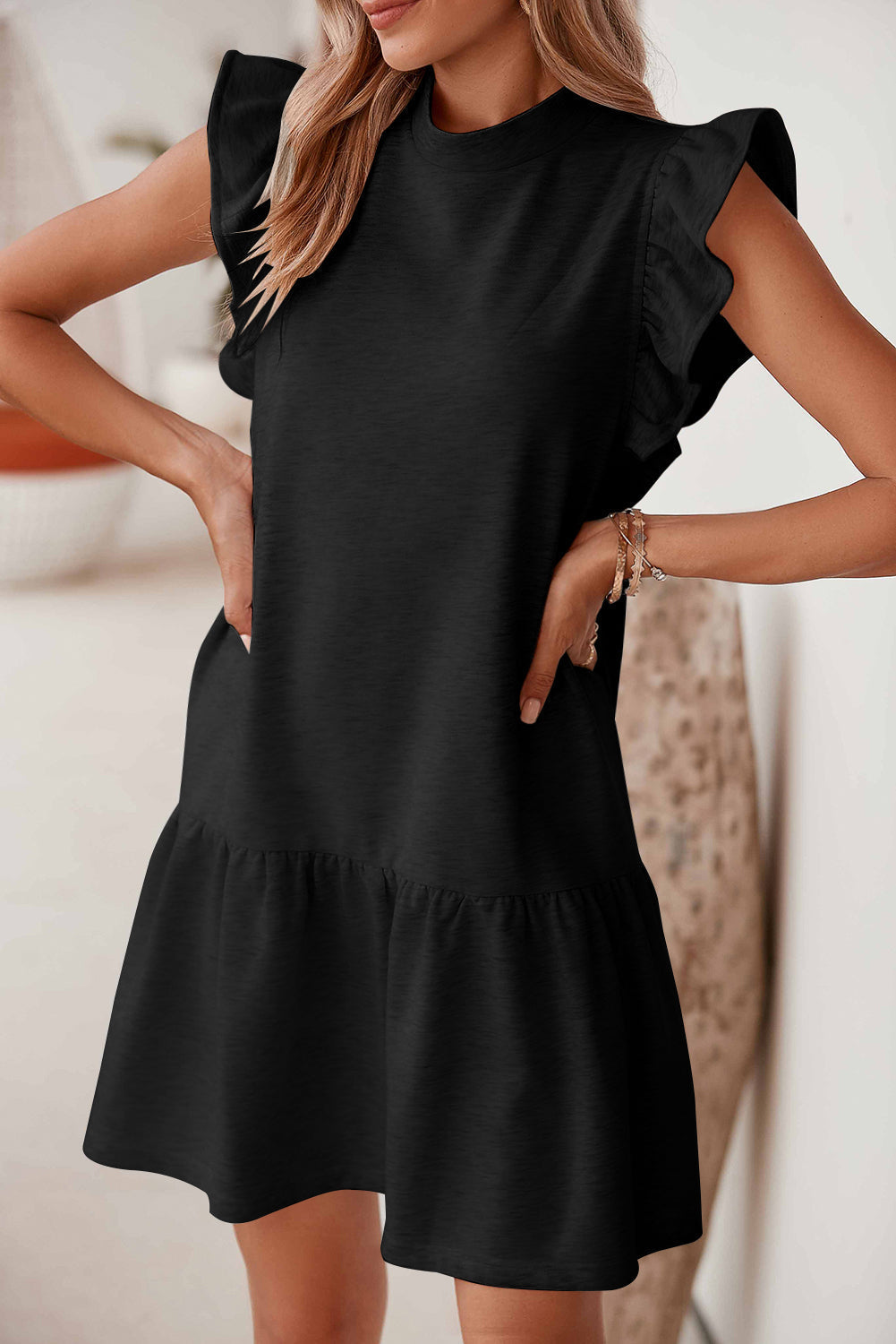 Dropship Clothes Black Flutter Sleeve Crew Neck Shift Dress Black XL 80 Polyester 20 Cotton