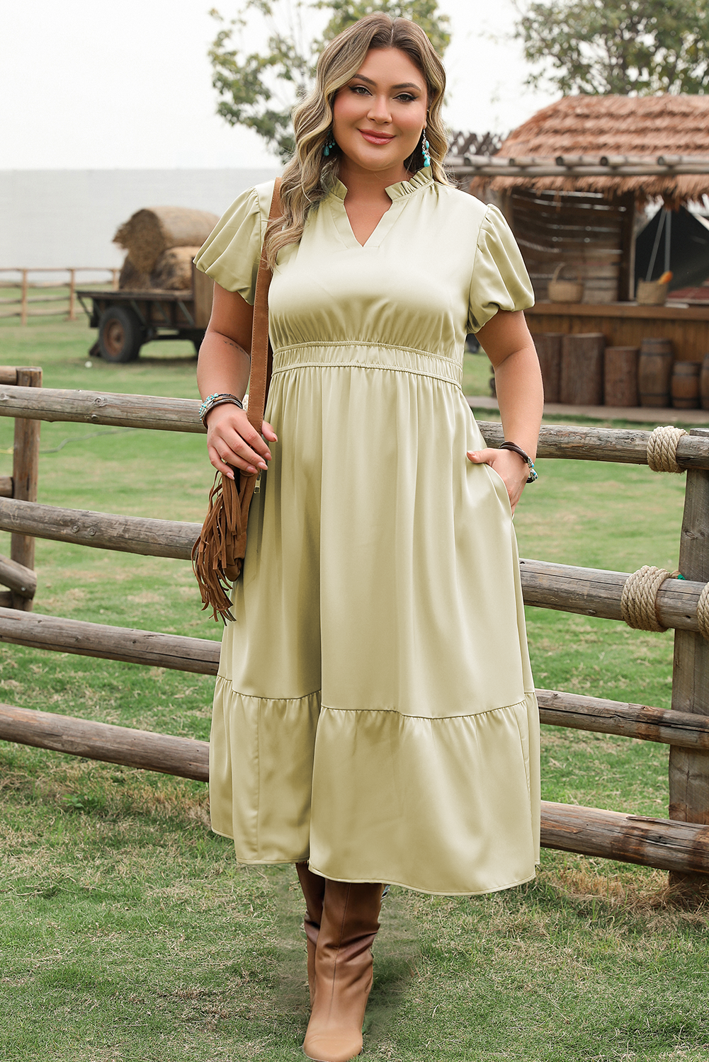 Leia Plus Size Notched V Neck Maxi Dress | Threaded Pear Laurel Green / 2X - 18W-20W