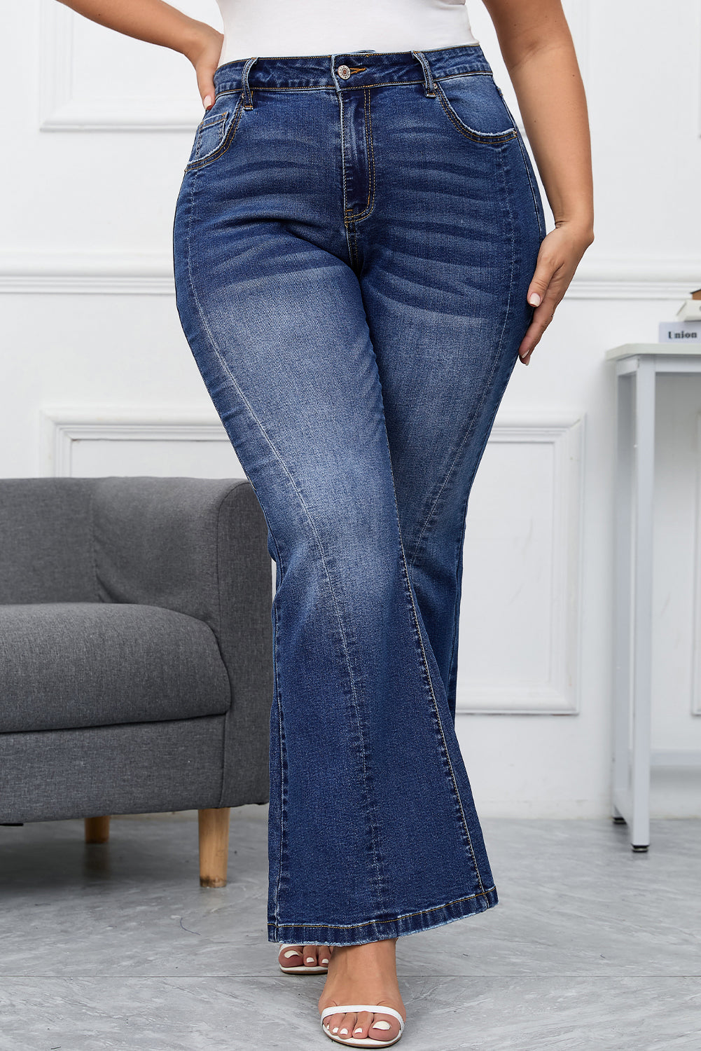 Aila Dark Blue Plus Size Stitching Flare Jeans - Main Image