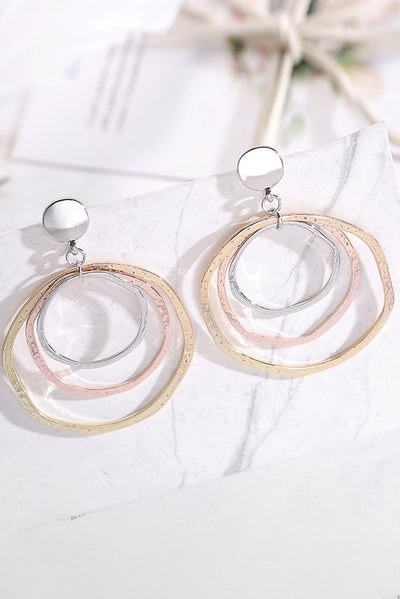 Silver 3-color Concentric Rings Dangle Earrings - Threaded Pear