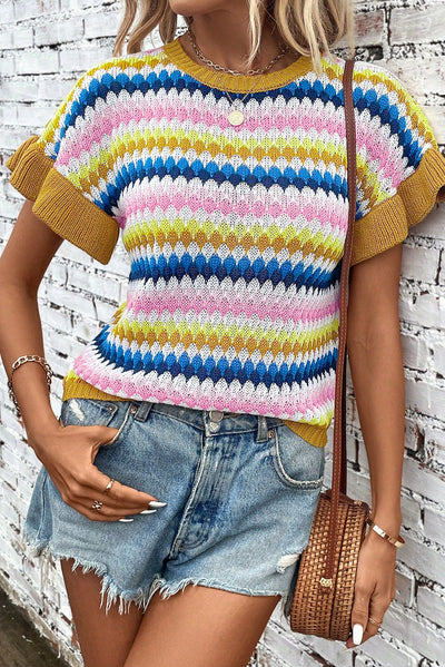 Emely Ruffle Sleeve Colorful Textured Sweater - Threaded Pear
