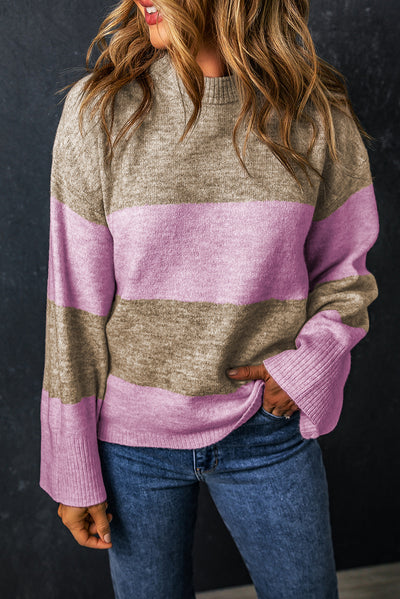 Renata Stripe Crew Neck Wide Sleeve Colorblock Sweater - Threaded Pear