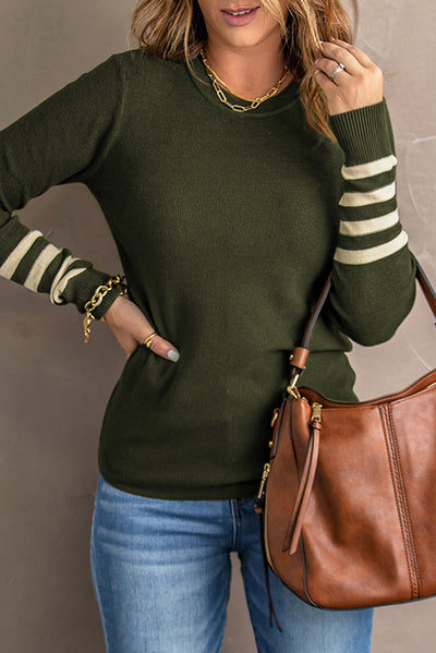 Sophie Striped Sleeve Plain Knit Sweater - Threaded Pear