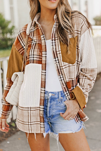 Sutton Plaid Color Block Patchwork Shirt Jacket with Pocket - Threaded Pear