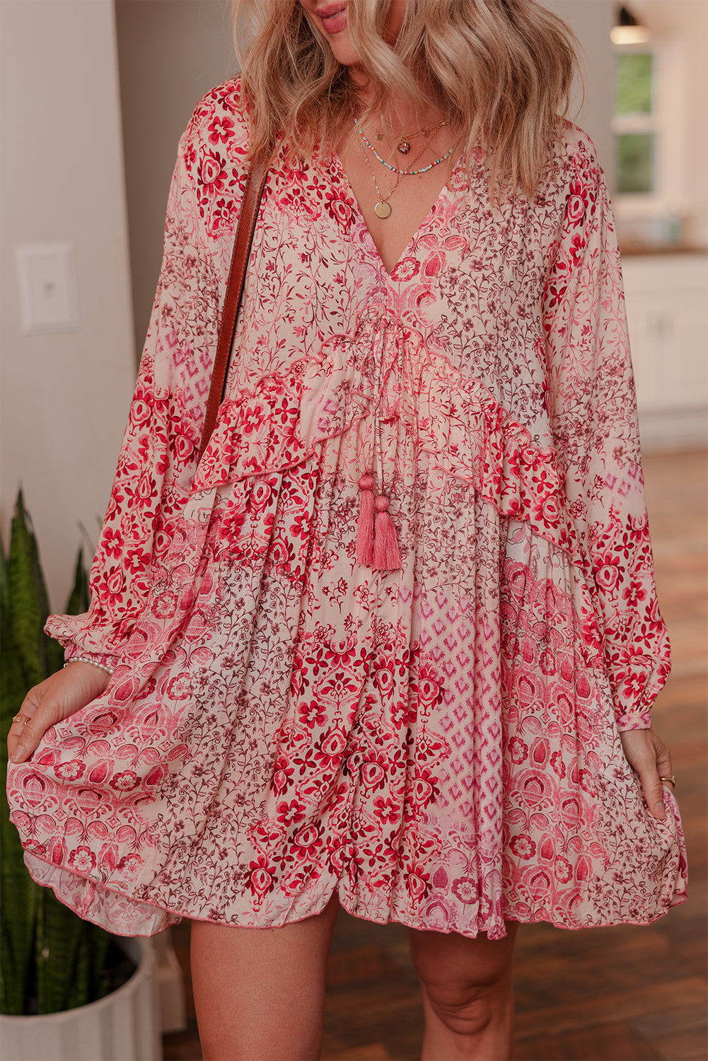 Melody Floral Tassel Tie Long Sleeve Mini Dress | Threaded Pear