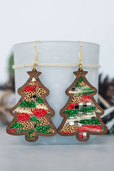 Fiery Red Shade Of Leopard Plaid Christmas Tree Earrings - Threaded Pear