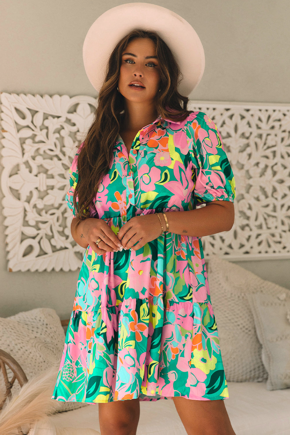 Brynleigh Floral Puff Sleeve Babydoll Dress Green / L - 12/14 / 100%Polyester Brynleigh Floral Puff Sleeve Babydoll Dress Green / L - 12/14 / 100%Polyester