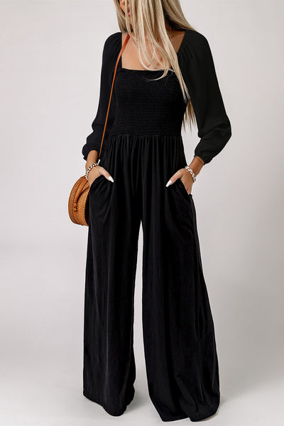 Ryleigh Smocked Square Neck Long Sleeve Wide Leg Jumpsuit - Threaded Pear