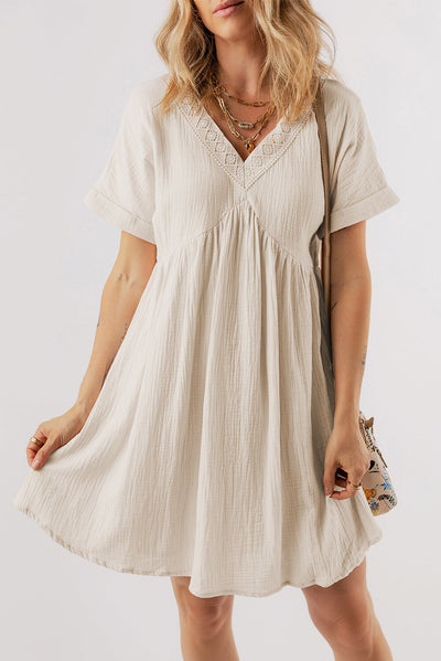 Bria Folded Short Sleeve Lace V Neck Mini Dress - Threaded Pear