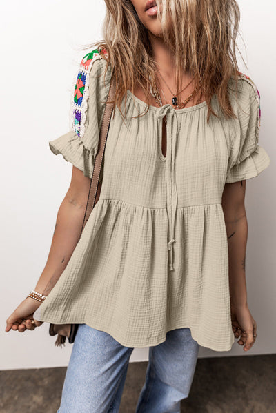 Milana Crinkle Embroidered Patched Bubble Sleeve Tied Neck Blouse - Threaded Pear