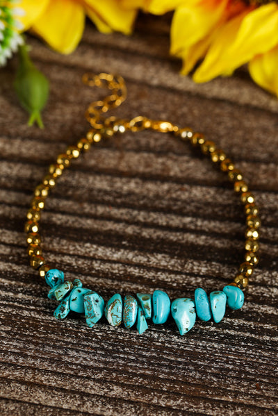Gold Turquoise Beading Adjustable Bracelet - Threaded Pear
