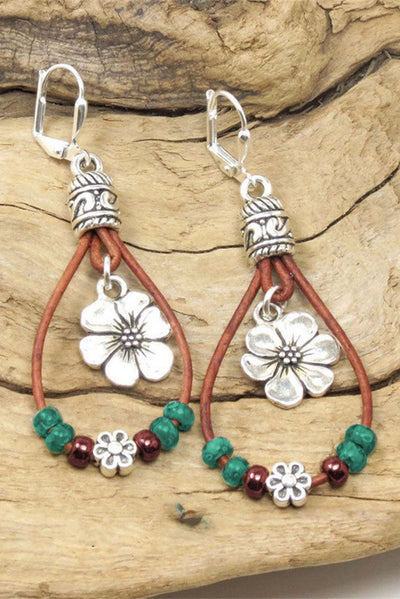 Silvery Western Leather Beaded Floral Dangle Earrings - Threaded Pear