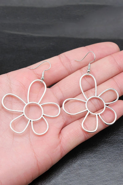Silvery Alloy Hollowed Flower Hook Earrings - Threaded Pear