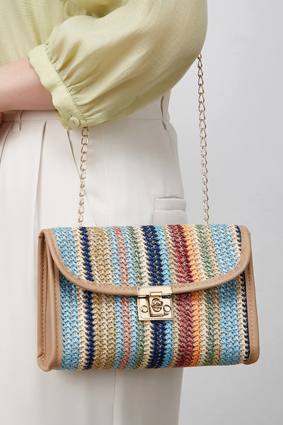 Azariah Striped Crochet Flapped Bag - Threaded Pear