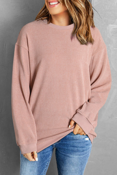Faith Solid Ribbed Knit Round Neck Pullover Sweatshirt - Threaded Pear