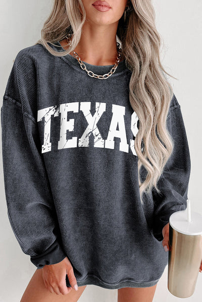 Texas Solid Ribbed Knit Round Neck Pullover Sweatshirt - Threaded Pear