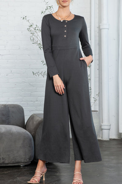 Trinity Button Long Sleeve Wide Leg Jumpsuit - Threaded Pear