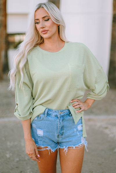 Jade Ribbed Roll-tab Sleeve Chest Pocket Oversize Top - Threaded Pear