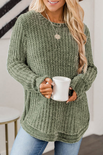 Lena Long Sleeve Round Hem Cable Knit Sweater - Threaded Pear