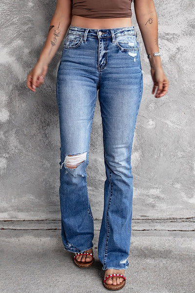 Angelina Distressed Flare Jeans - Threaded Pear