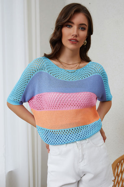 April Knitted Eyelet Colorblock Striped Half Sleeves Top - Threaded Pear
