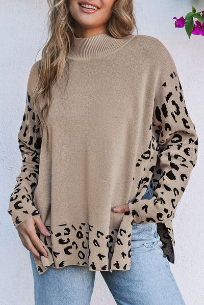 Sarai Leopard High Neck Side Slit Oversized Sweater - Threaded Pear