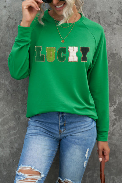 LUCKY Chenille Embroidered Graphic Sweatshirt - Threaded Pear