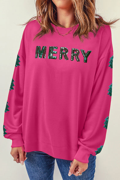 MERRY Christmas Tree Sequin Patchwork Sweatshirt - Threaded Pear